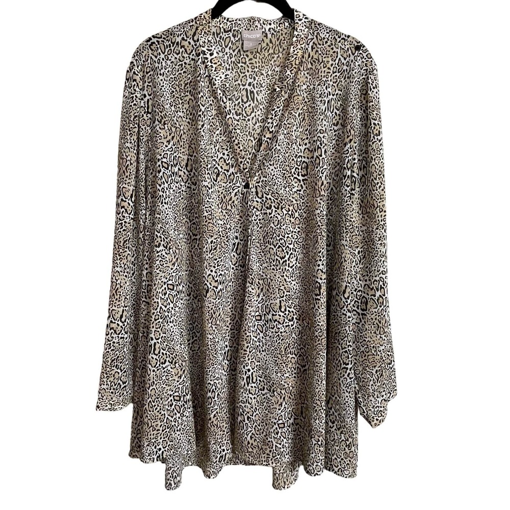 Chico's Size 3 XL Button Up Long Sleeve Animal‎ Mob Wife Blouse Brown Tan